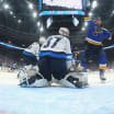 STL Blues celebrate second-period goal during playoff series against Jets