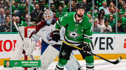 Game action between Stars and Avalanche, focus on key players during a playoff clash