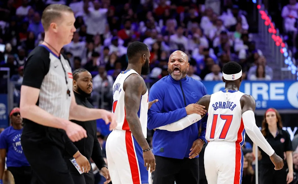 J.B. Bickerstaff animated on the Pistons' sidelines