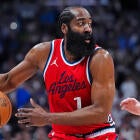 James Harden looks on during Game 7 between the Clippers and Nuggets