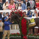 A crowd at Churchill Downs during the Kentucky Derby, with vibrant peacock-colored hats