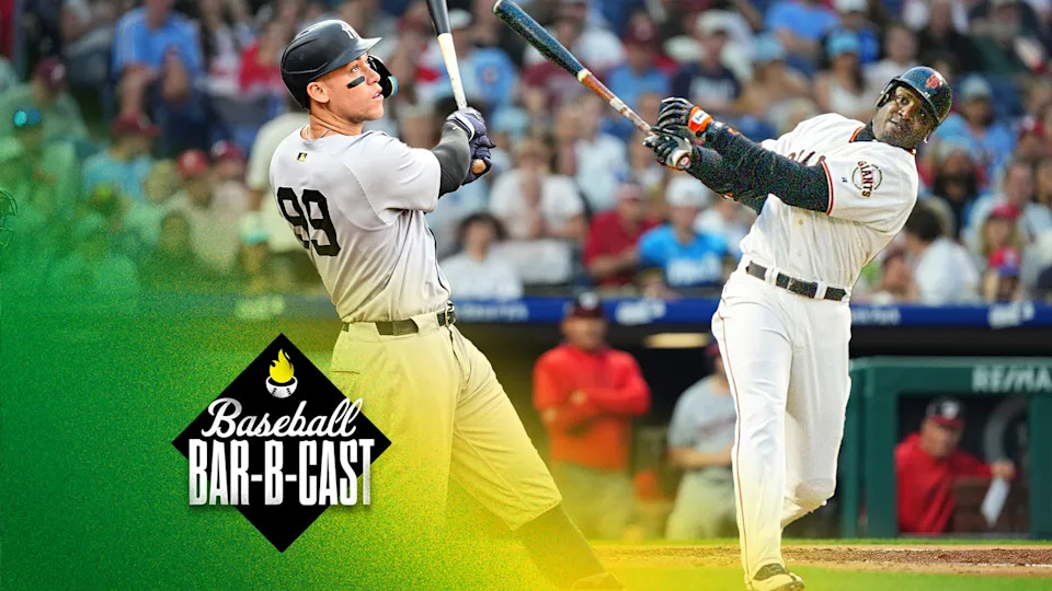 Aaron Judge swings for the fences in a Yankees game