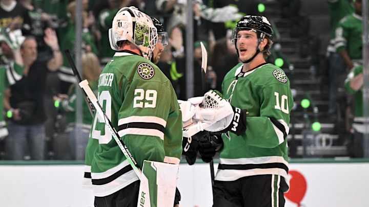 Jake Oettinger in net during the playoffs for the Dallas Stars