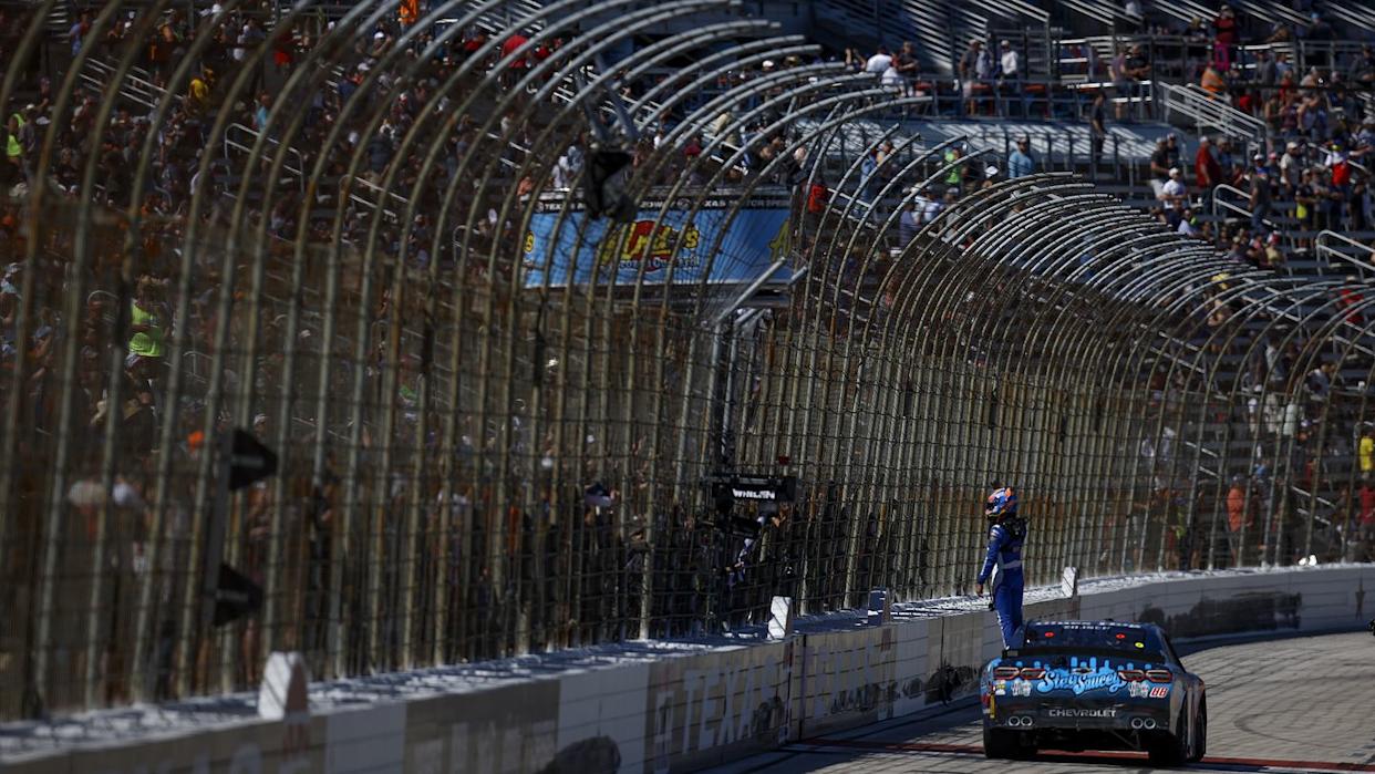 Kyle Larson celebrates victory at Texas Motor Speedway