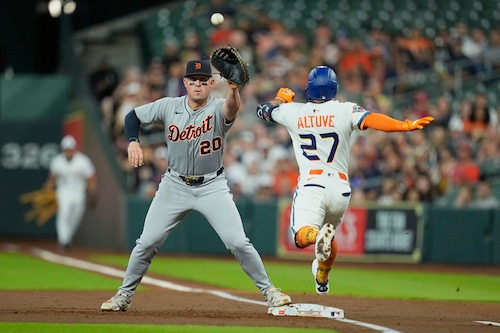 Spencer Torkelson at first base during a Tigers game in 2025
