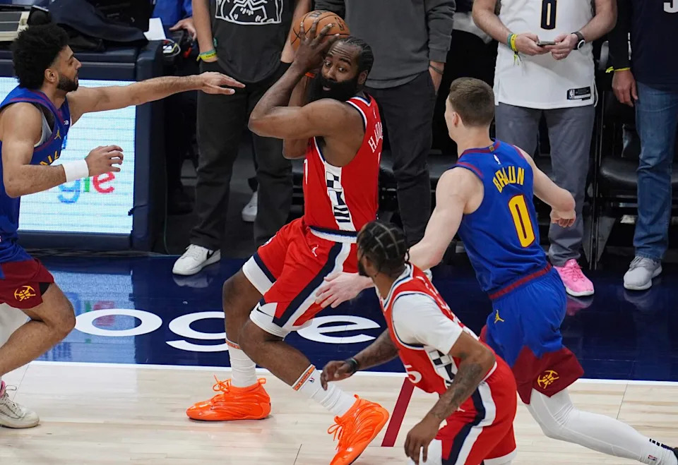 Denver Nuggets players celebrate a playoff win
