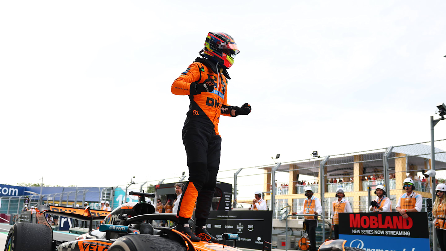kimi antonelli celebrates pole position with his team in Miami