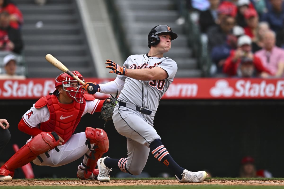 Kerry Carpenter at bat during career-high performance for the Detroit Tigers