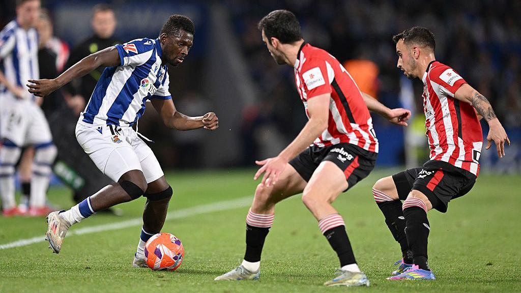 Players compete fiercely in the Basque Derby, Real Sociedad vs Athletic Club clash