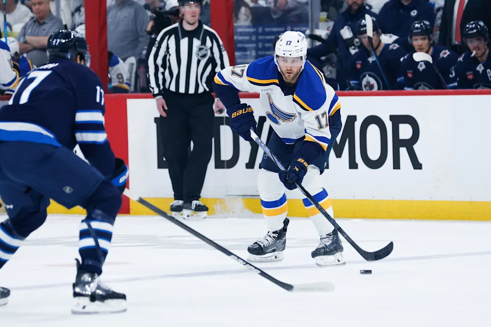 Cam Fowler celebrates a goal during the 2025 NHL Playoffs with the St. Louis Blues.