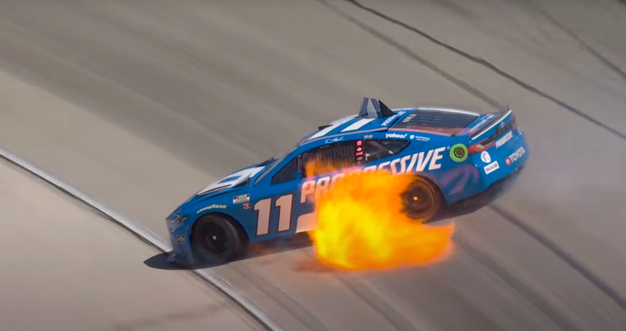 Denny Hamlin's car on fire at Texas Motor Speedway