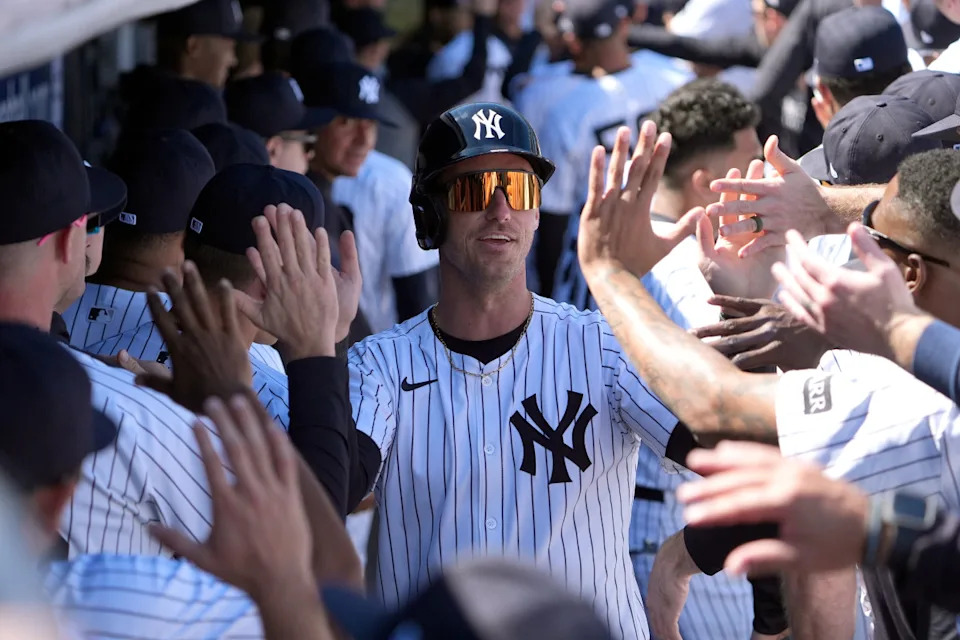Cody Bellinger celebrates his 200th career home run with the Yankees