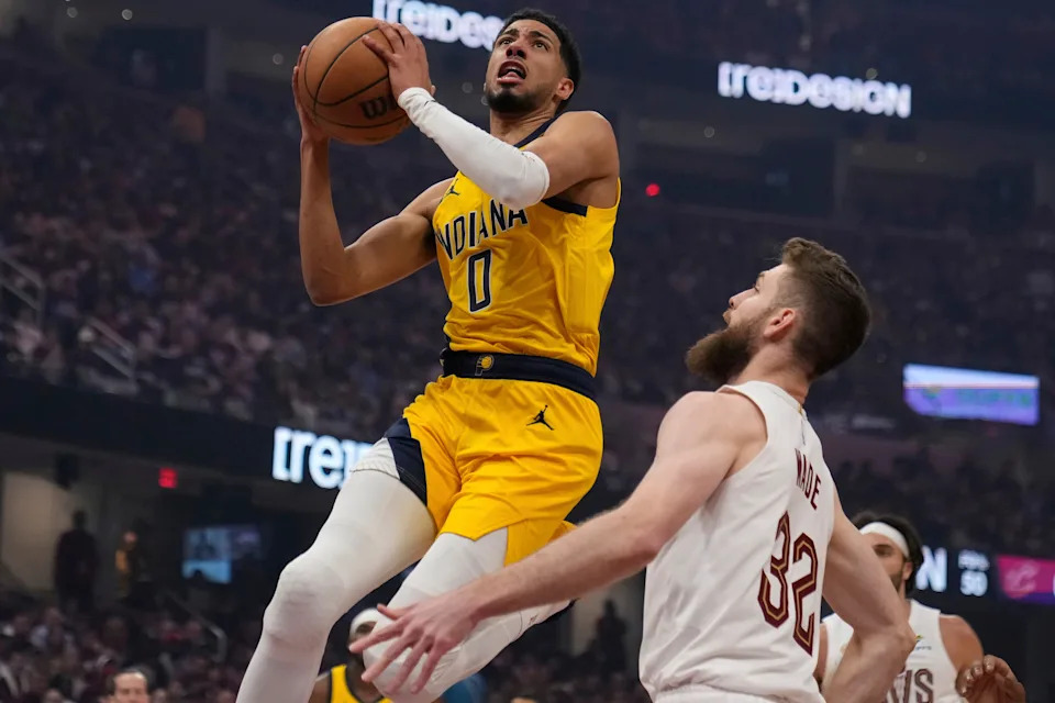 Tyrese Haliburton celebrates after leading the Pacers to a playoff win