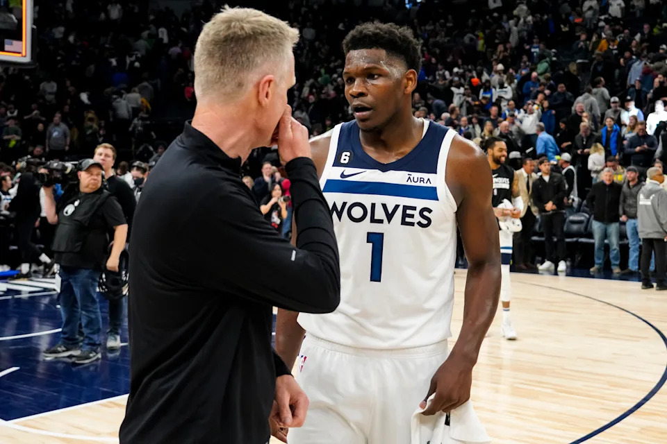 Anthony Edwards celebrating a Timberwolves victory, illustrating his emerging NBA stardom and impressive stats