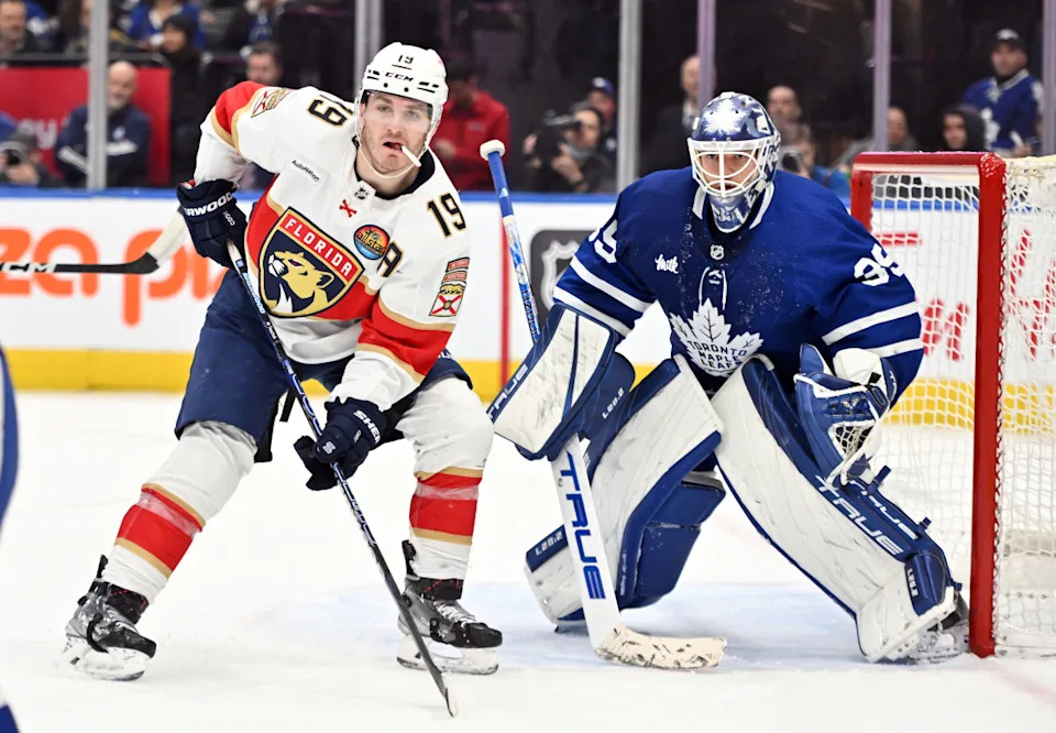 Auston Matthews warms up for a playoff game with the Toronto Maple Leafs