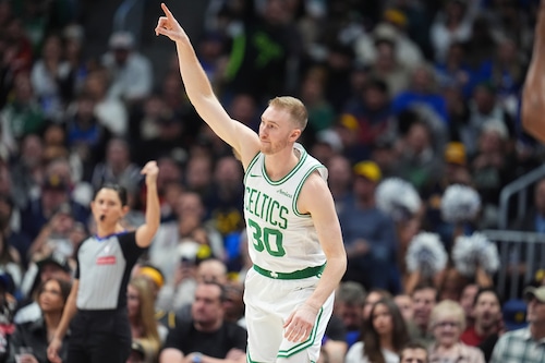 Sam Hauser shooting for the Boston Celtics during the 2025 NBA Playoffs