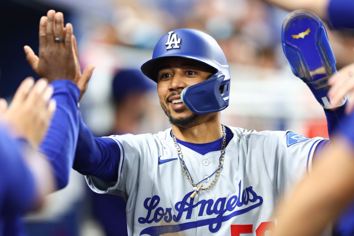 Mookie Betts wearing a Dodgers jersey during pregame warmups