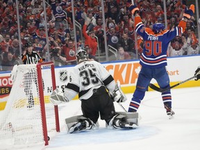 Corey Perry celebrates with the Edmonton Oilers during the 2025 NHL Playoffs