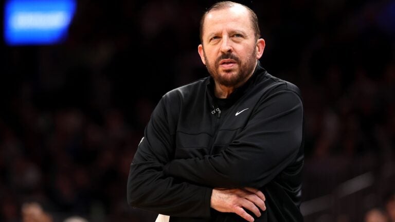 Knicks coach Tom Thibodeau courtside during a playoff game