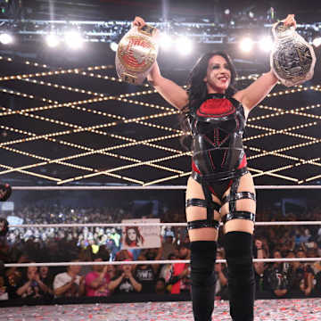 Lyra Valkyria in WWE ring, focused ahead of a championship match