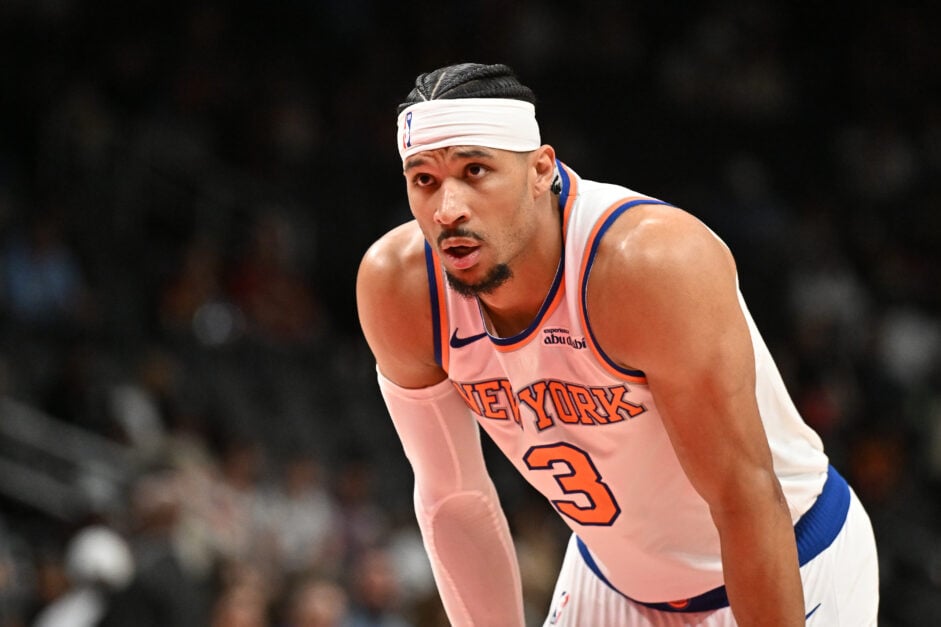 Josh Hart battling for a rebound during the NBA Playoffs with the Knicks