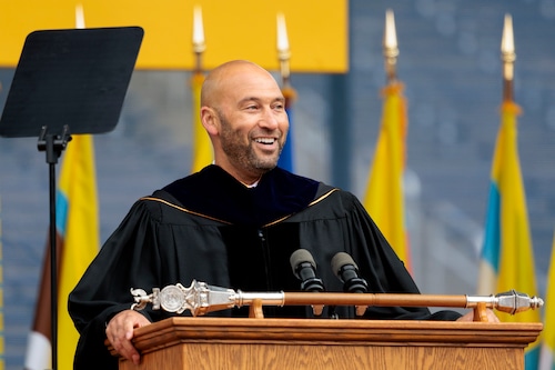 Derek Jeter addresses the Class of 2025 at Michigan Stadium.