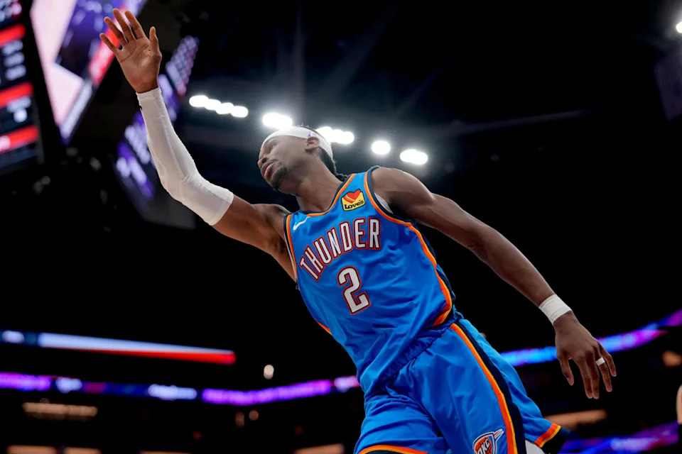 Shai Gilgeous-Alexander celebrates after a key scoring play during the 2025 NBA playoffs.