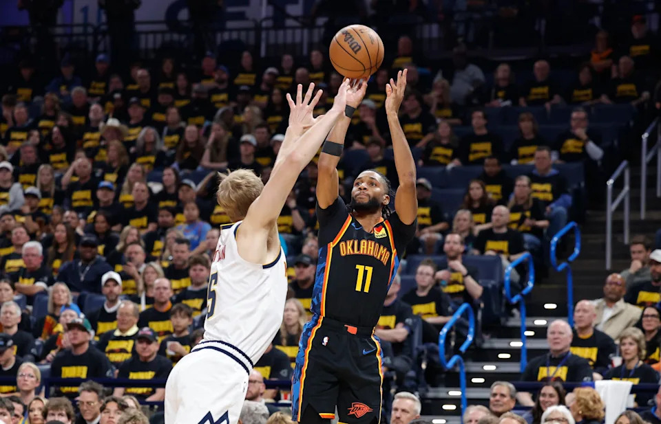 Isaiah Joe celebrates during a Thunder game, illustrating his impactful presence in the postseason