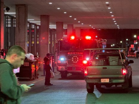 Fire trucks outside TD Garden following evacuation after a Celtics playoff game
