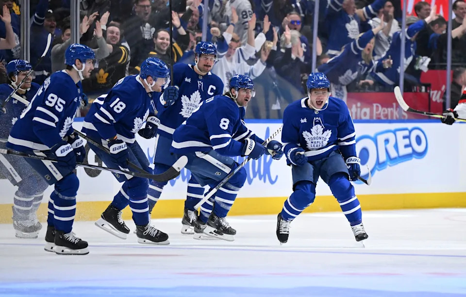 Max Domi celebrates a crucial playoff goal for the Toronto Maple Leafs