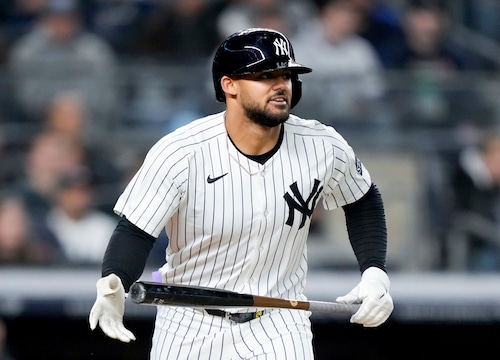 Yankees players celebrating after a big play during a yankees game at Yankee Stadium