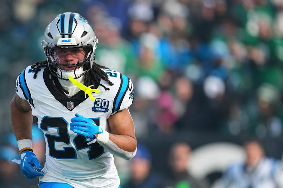 Jonathan Brooks carries the ball for the Panthers during the 2024 NFL season.