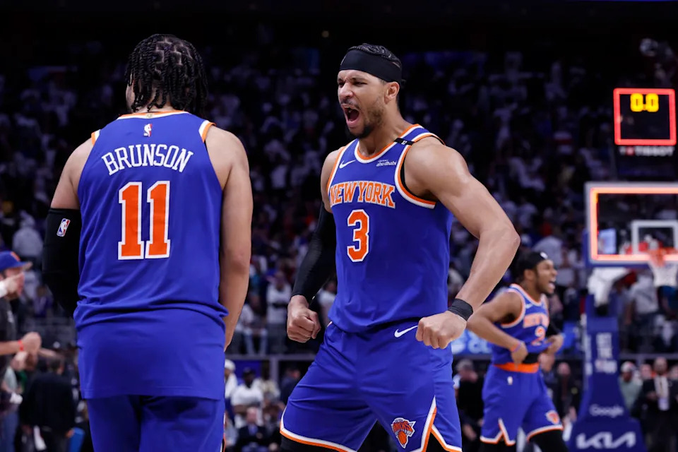 Josh Hart celebrates during the Knicks' playoff win over the Celtics