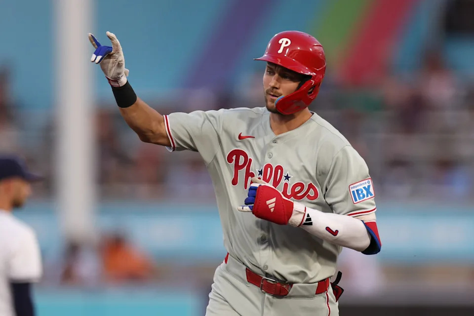 Trea Turner celebrates after hitting a home run for the Phillies in 2025