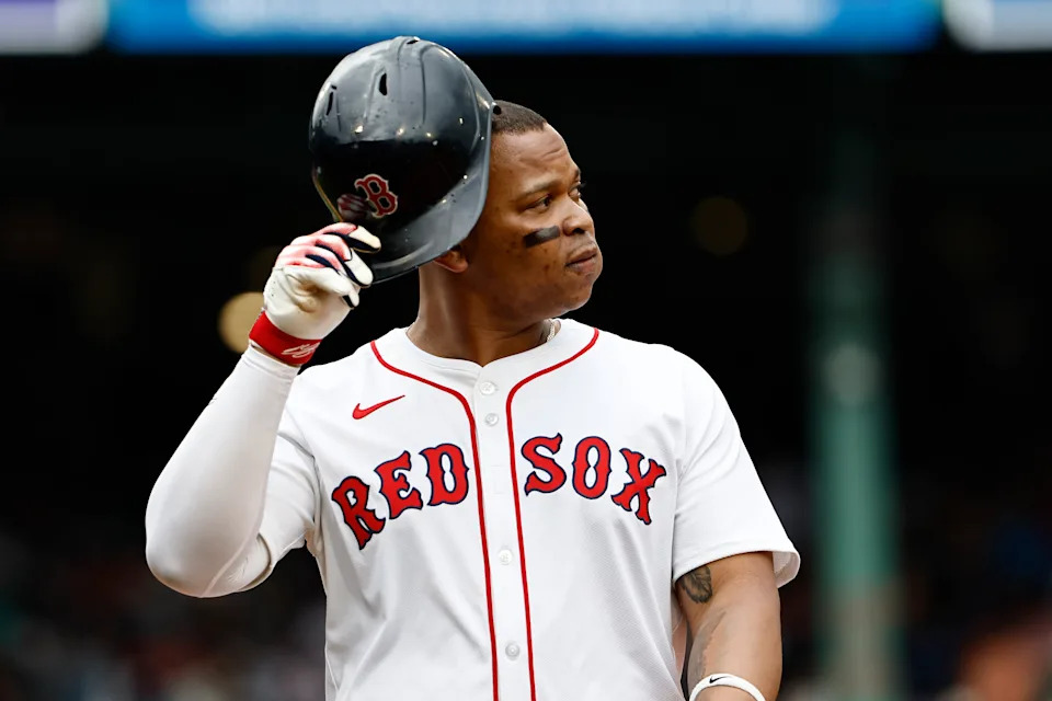 Devers Red Sox 2025 - Rafael Devers in Red Sox uniform showing frustration