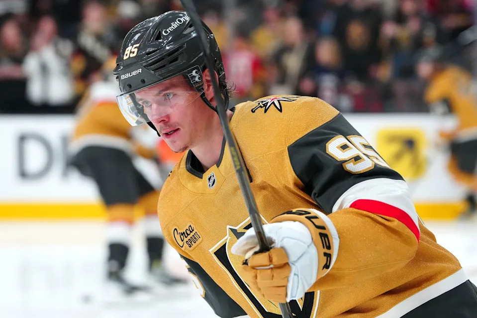 Victor Olofsson celebrates a playoff goal for the Vegas Golden Knights