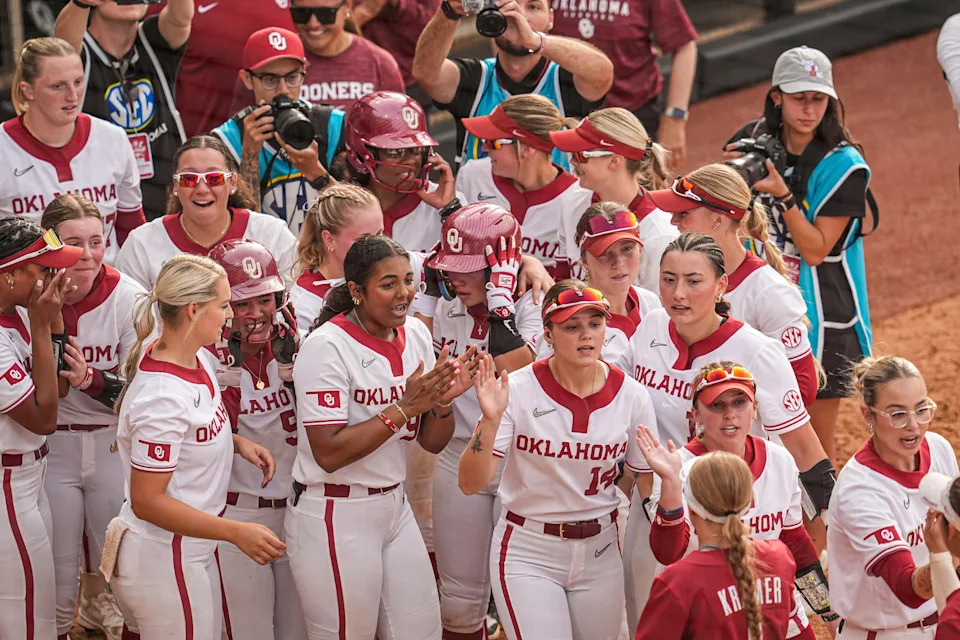 Oklahoma infielder Gabbie Garcia celebrates with teammates after her walk-off home run in the SEC Tournament.