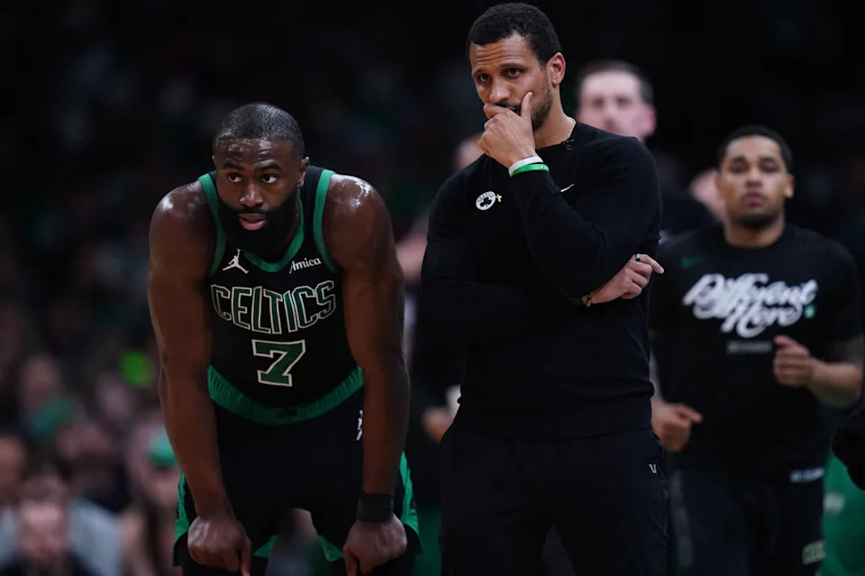 Jaylen Brown runs the court in Celtics playoff action