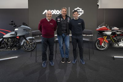Riders competing in a MotoGP event with Harley-Davidson motorcycles