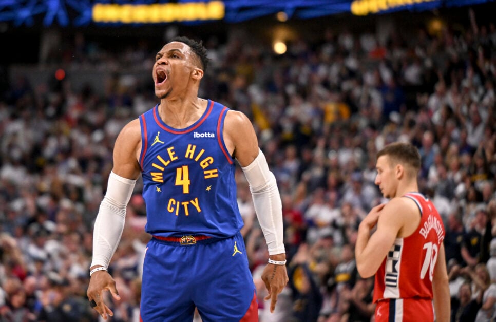 Nikola Jokic driving to the basket, a favorite in the 2025 NBA MVP discussion