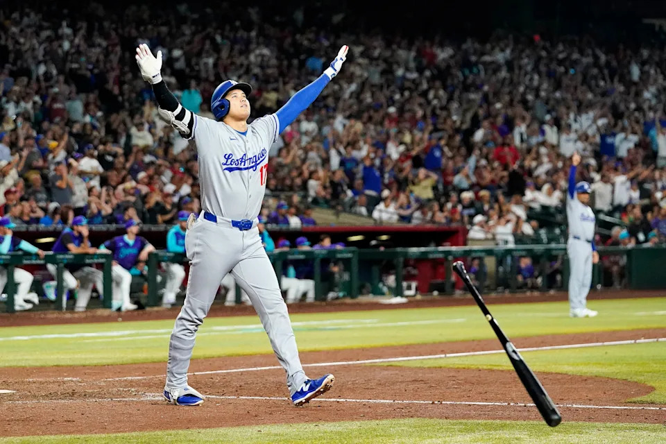 Shohei Ohtani celebrates his game-winning home run for the Dodgers