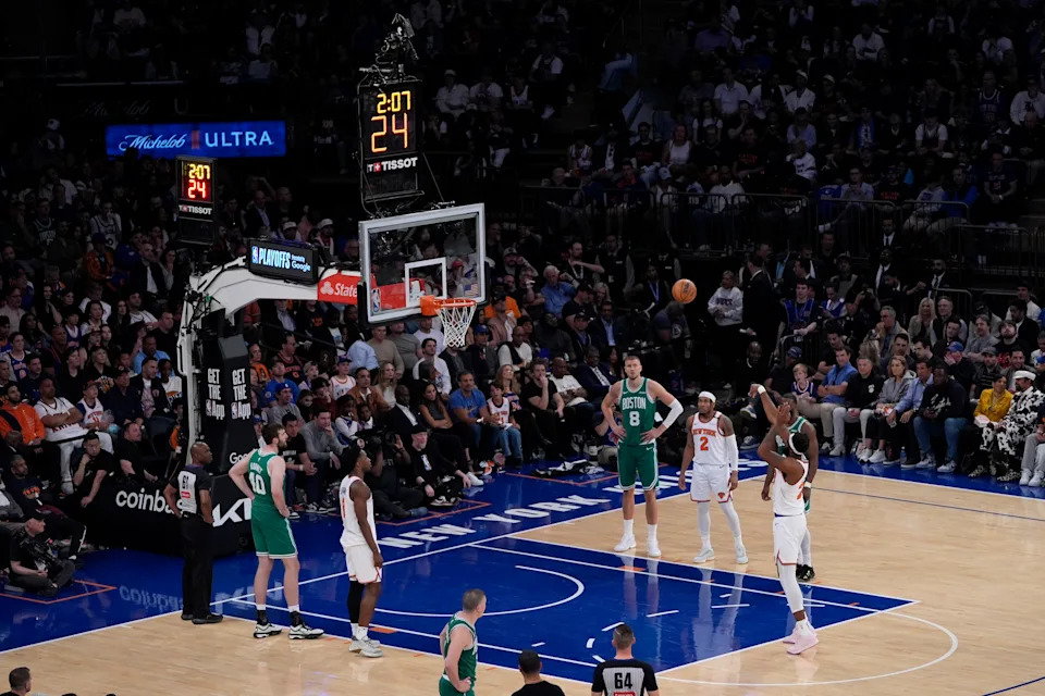 Jalen Brunson drives to the basket in the boston celtics vs knicks playoff game
