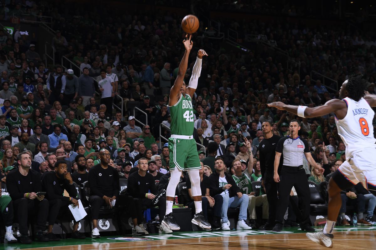 Al Horford on the court during the 2024-25 season, illustrating his leadership and presence for the Boston Celtics.