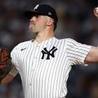 Carlos Rodon prepares to pitch during the Yankees vs Athletics series