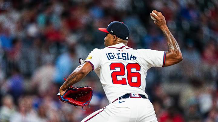 Raisel Iglesias pitching for the Atlanta Braves during the 2025 MLB season