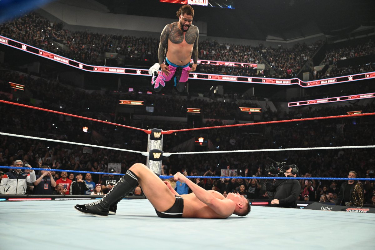 Jey Uso vs Logan Paul face off in WWE.