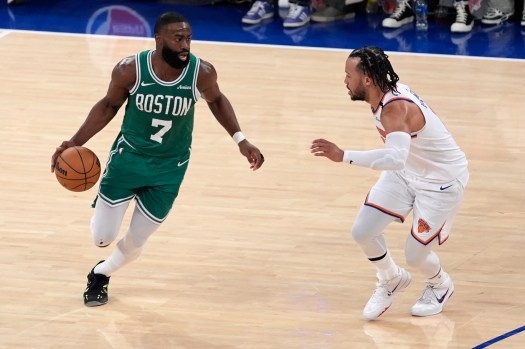 Jaylen Brown looks to distribute against Knicks defenders