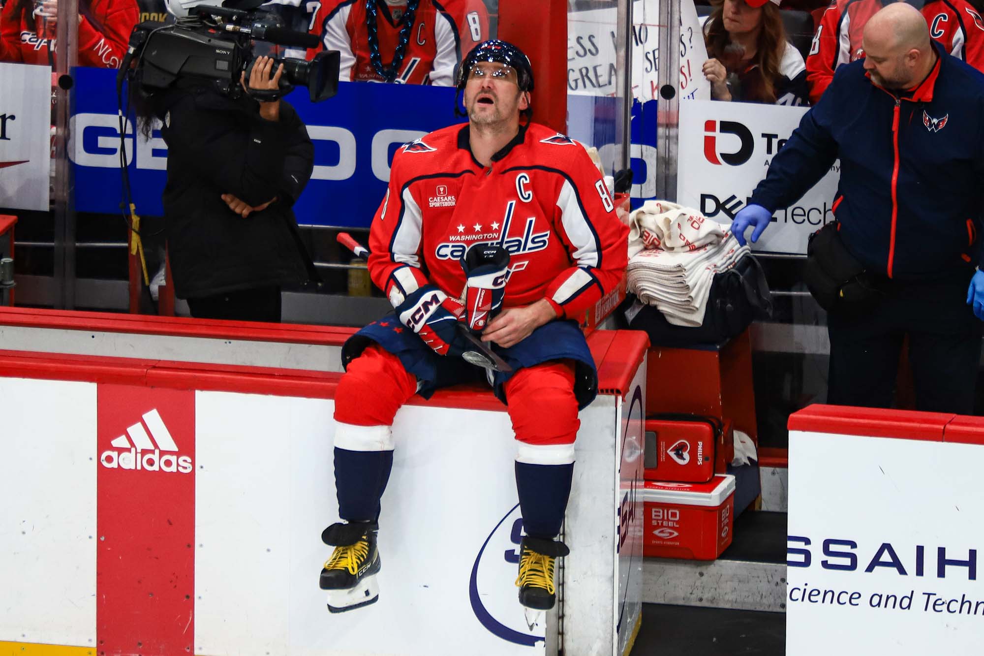 Alex Ovechkin celebrates with teammates after a playoff goal