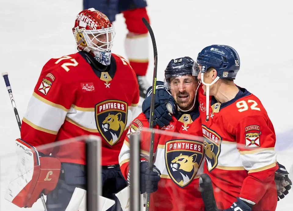 Matthew Tkachuk celebrates with teammates during the NHL Playoffs