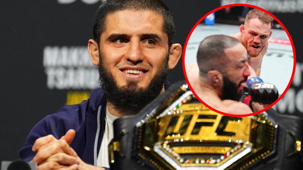 Islam Makhachev celebrates a UFC victory inside the Octagon